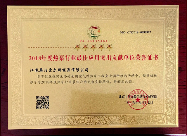 Annual heat pump industry best application outstanding contribution honorary certificate